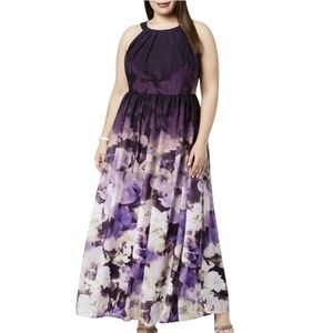 Betsy & Adam Floral Printed Purple Chiffon Halter
